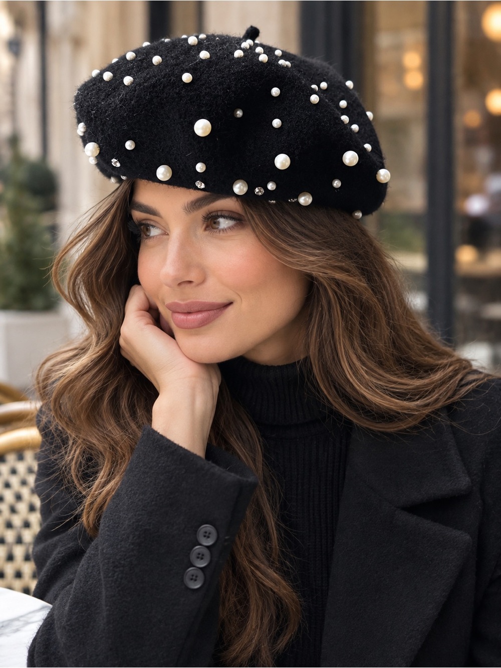 Anthropologie Black Pearl-Stud Wool Beret